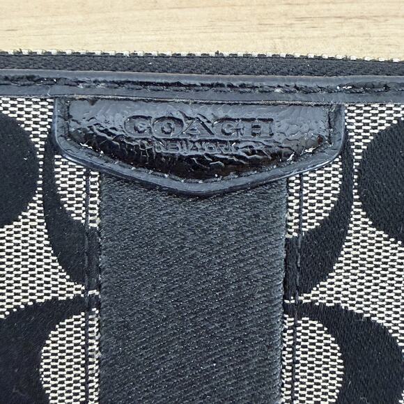 COACH Women's Signature Stripe Long Zip Around Wallet Black Tan 8" x 4" Classic - Picture 2 of 16